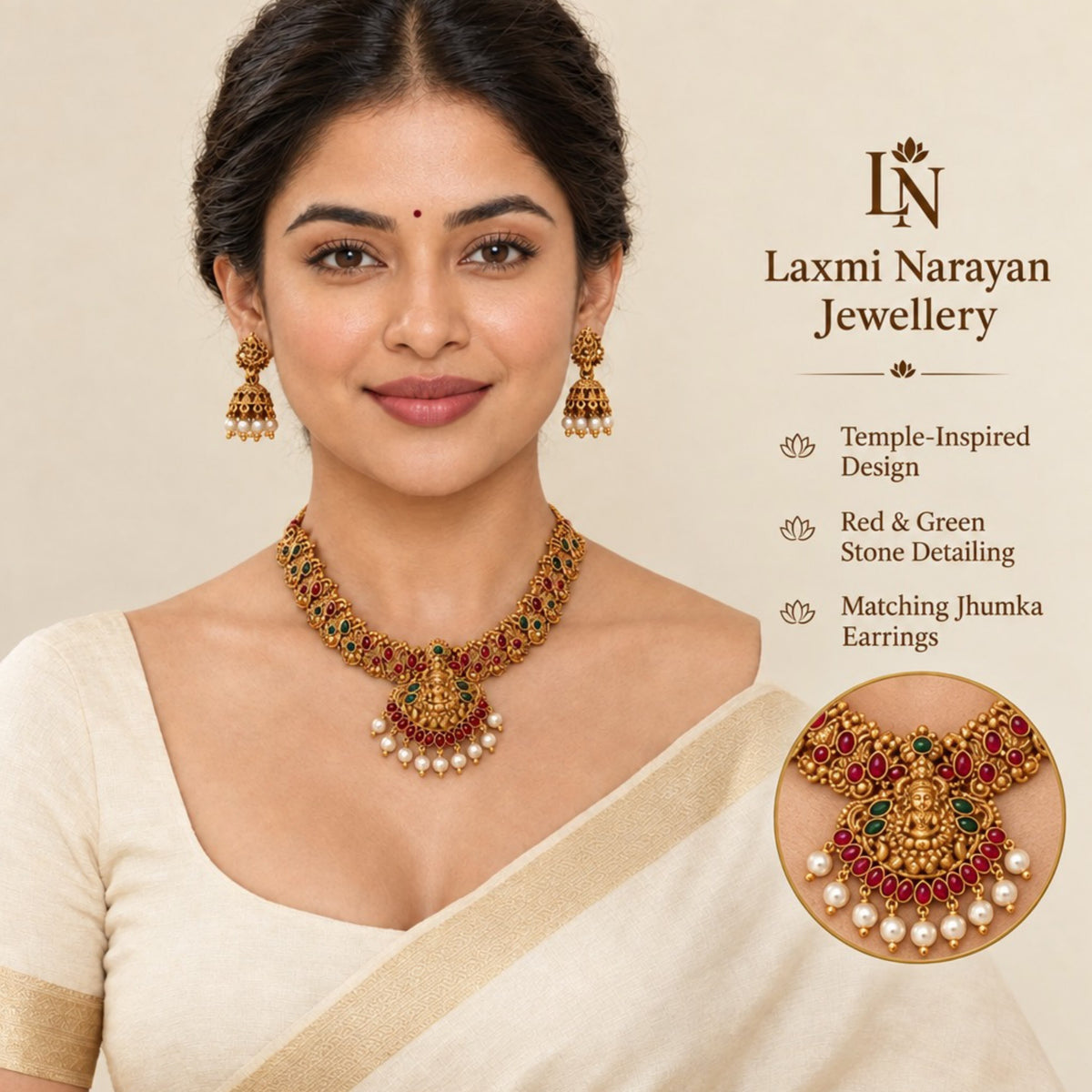 Maa Laxmi temple necklace and matching jhumka earrings