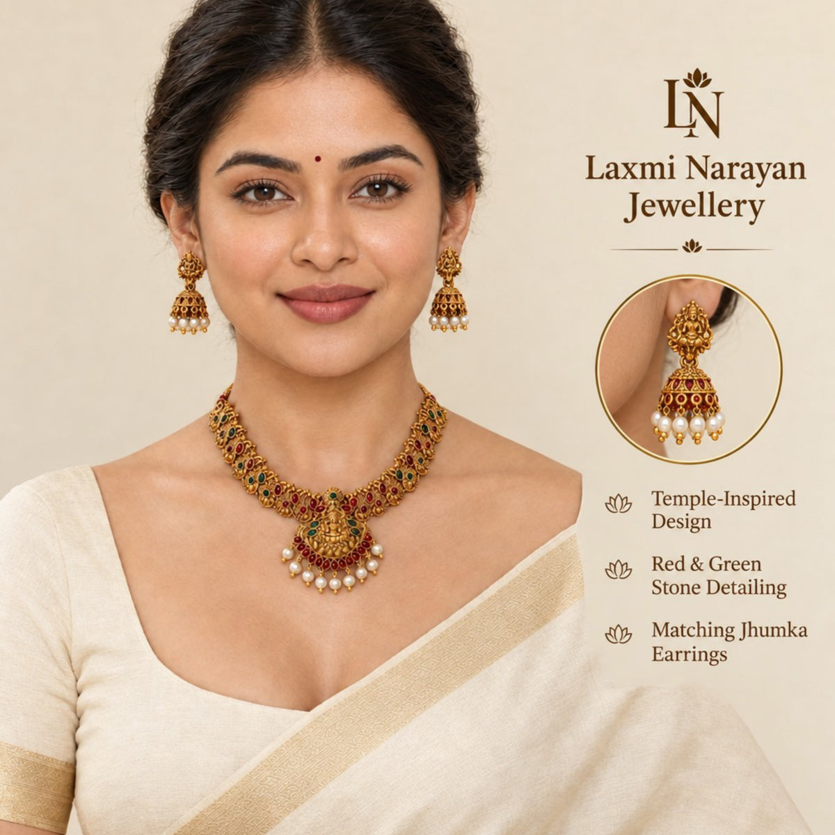 Maa Laxmi necklace set worn with matching jhumkas