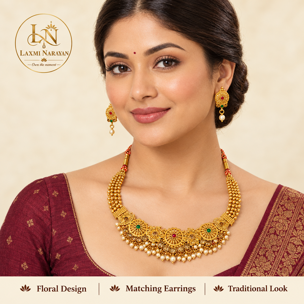 Woman wearing complete necklace and earrings set with brand logo and highlights