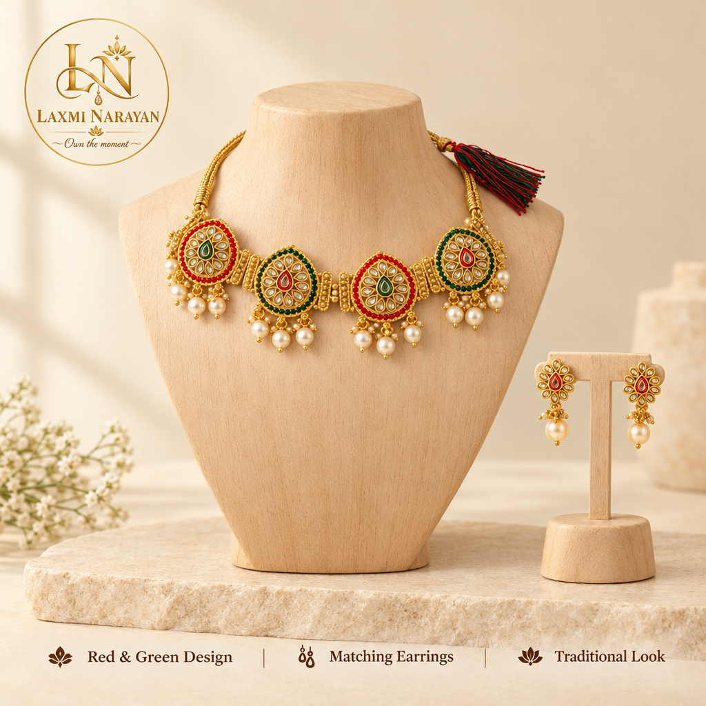 Kundal Meenakari necklace set on wooden dummy with logo and highlights