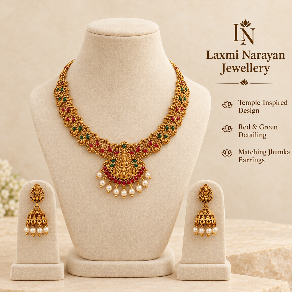 Maa Laxmi necklace set displayed on a cream jewellery dummy with brand logo and highlights