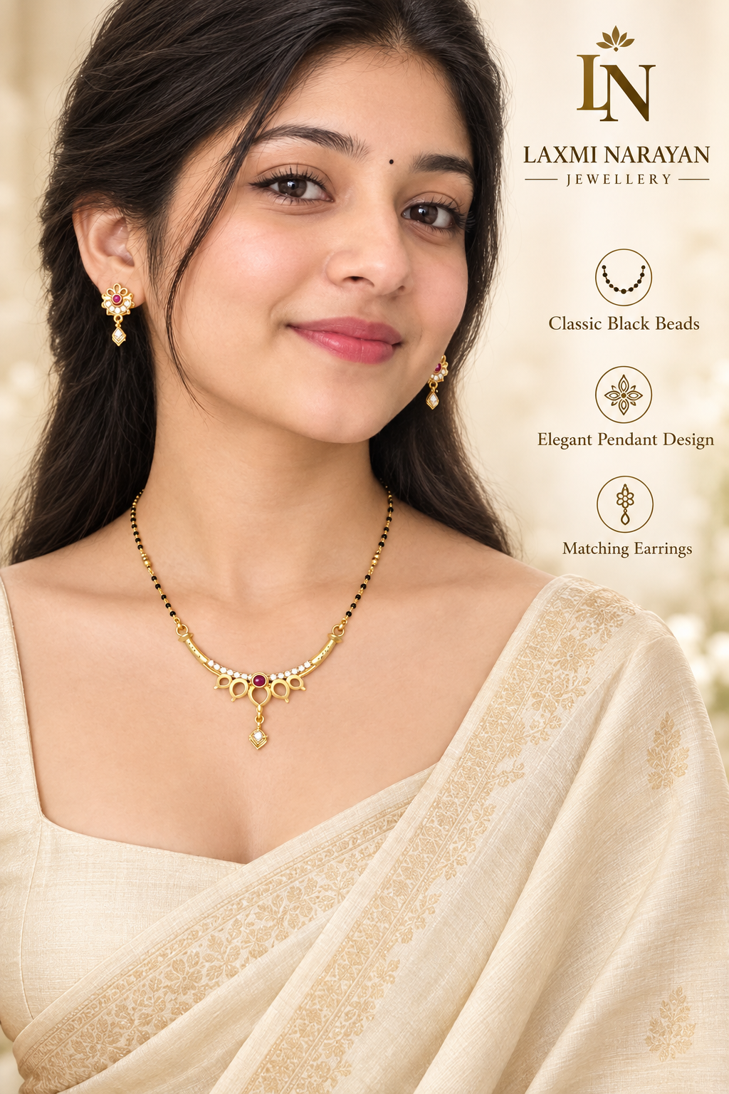 Lady wearing petal design mangalsutra and matching earrings