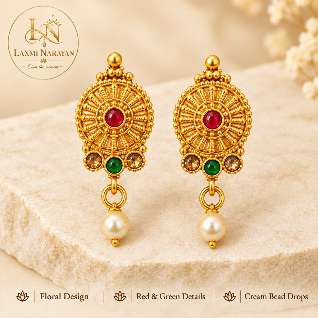 Matching earrings close-up with brand logo and highlights