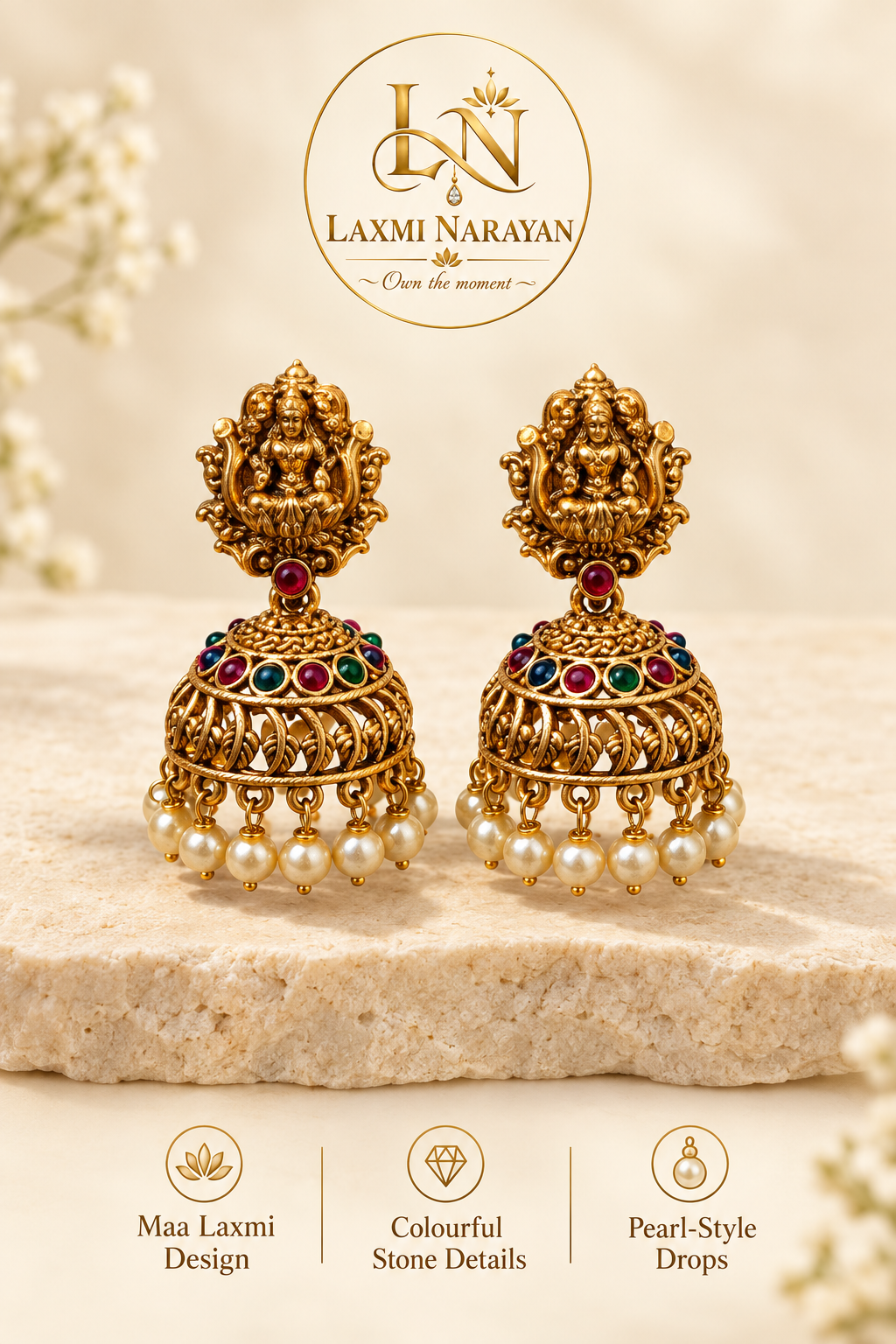 Maa Laxmi matching jhumka earrings on a stone display