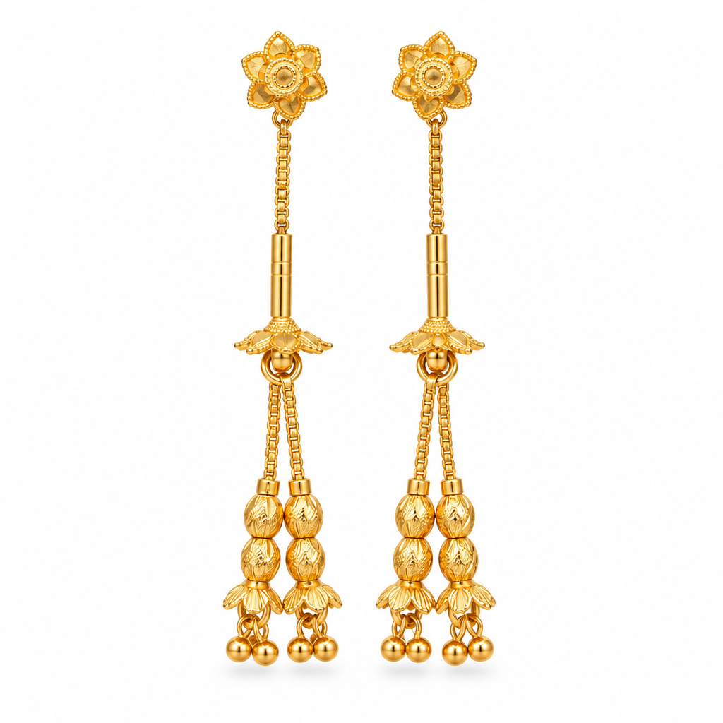 Gold-tone floral two-strand earrings pair on white background