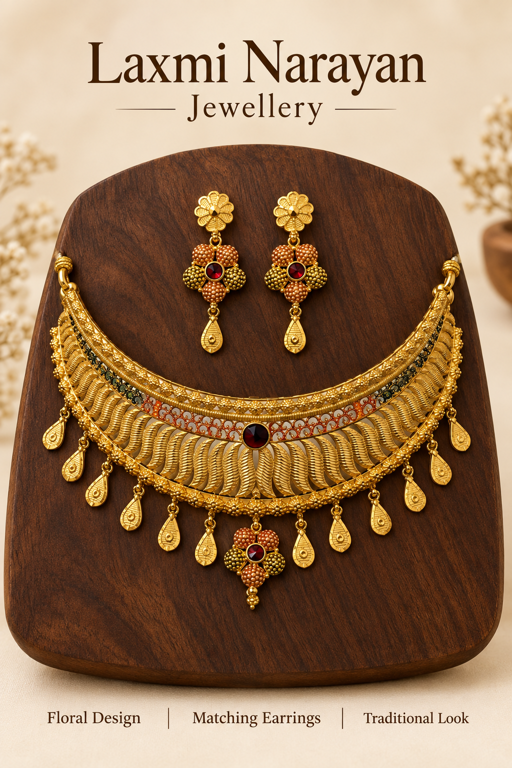 Necklace and earrings on wooden display