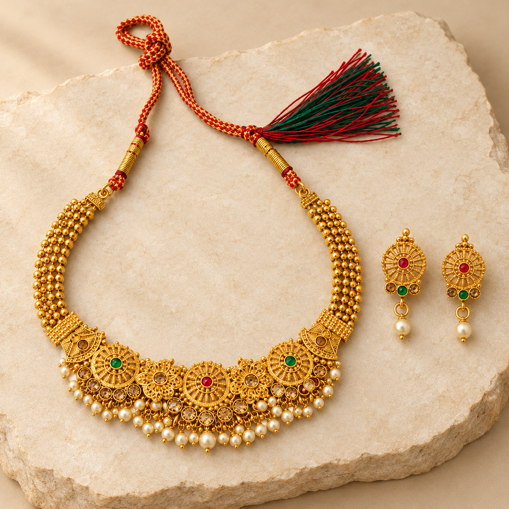 Traditional floral necklace set on cream stone