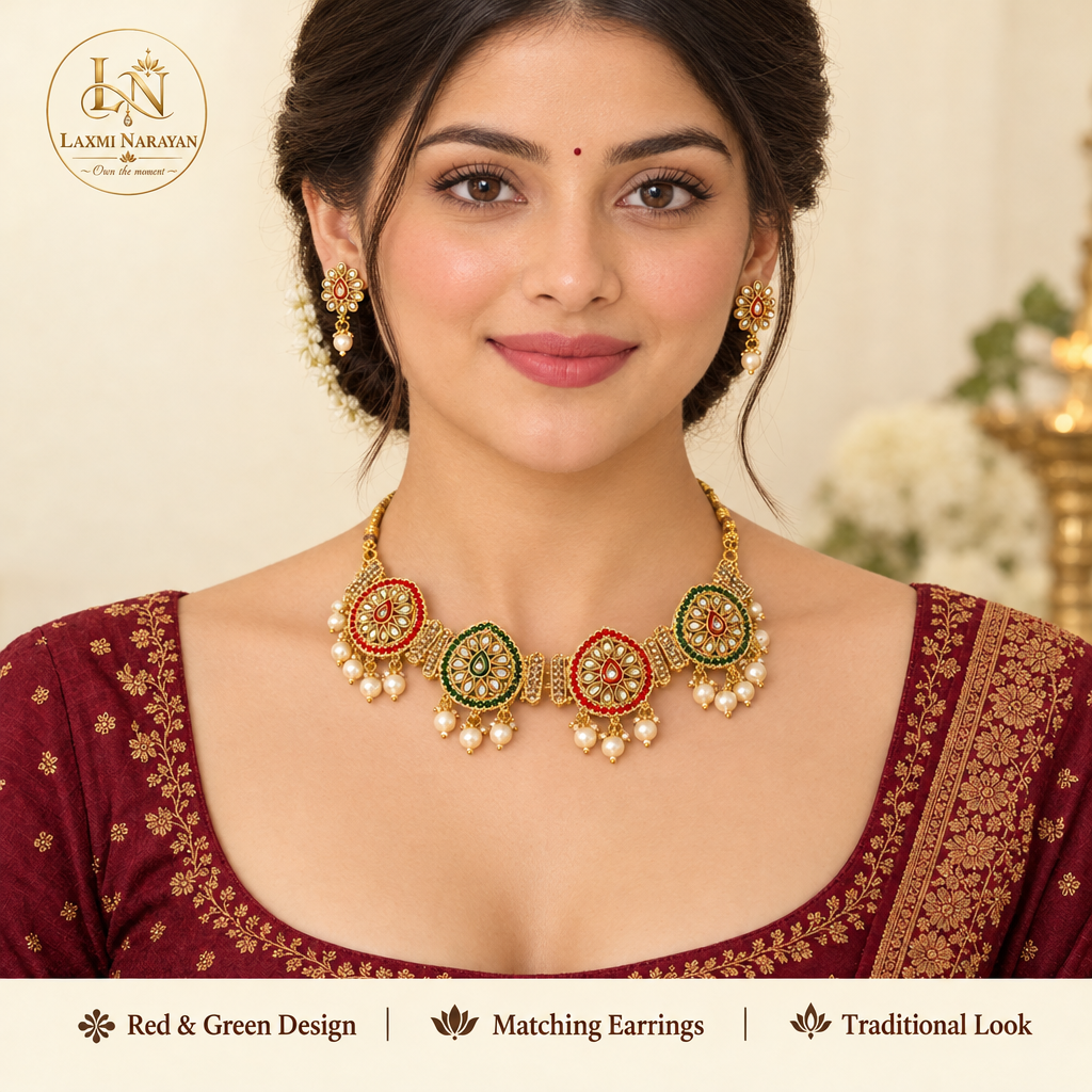 Woman wearing complete Kundal Meenakari necklace set with logo and highlights