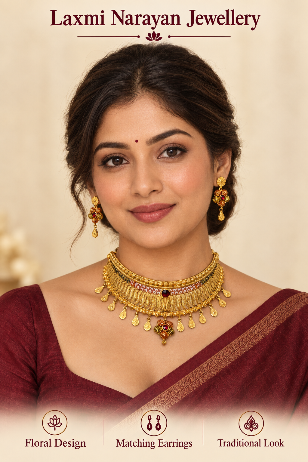 Necklace and earrings worn with maroon saree